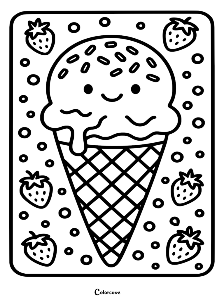 A cute kawaii ice cream cone with sprinkles surrounded by four strawberries and polka dots in this printable coloring page.
