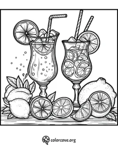 Coloring page featuring two glasses of lemonade with straws, surrounded by whole and sliced lemons and limes.