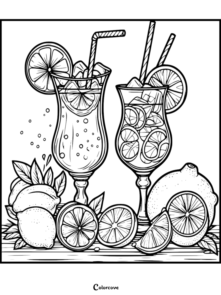 Two tall glasses of iced lemonade with citrus slices and straws, surrounded by whole and sliced lemons in this summer coloring page.