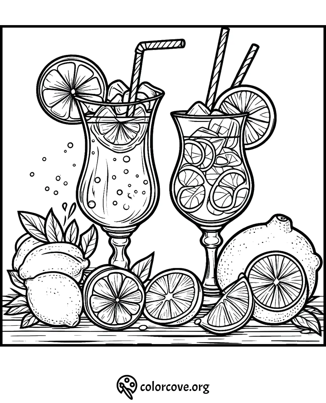 Coloring page featuring two glasses of lemonade with straws, surrounded by whole and sliced lemons and limes.