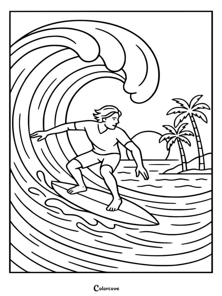 A surfer riding a large curling ocean wave with palm trees on a tropical island in the background, printable coloring page.