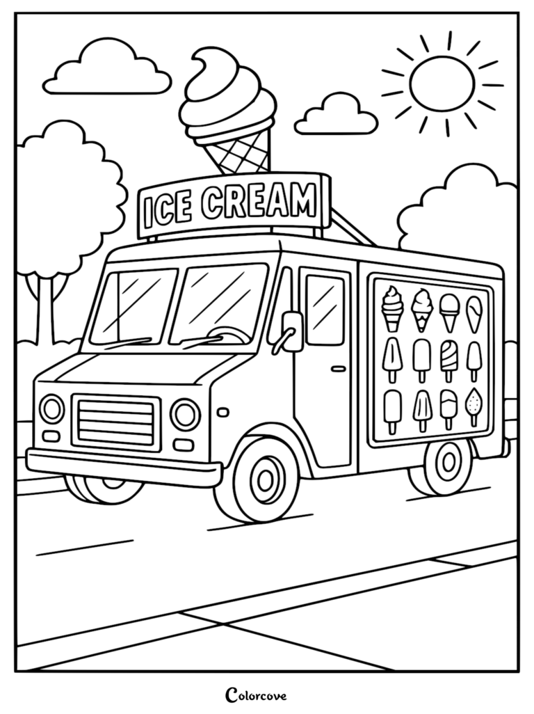 A summer ice cream truck coloring page featuring a large soft serve cone on the roof and a menu of frozen treats on the side panel under a bright sun.