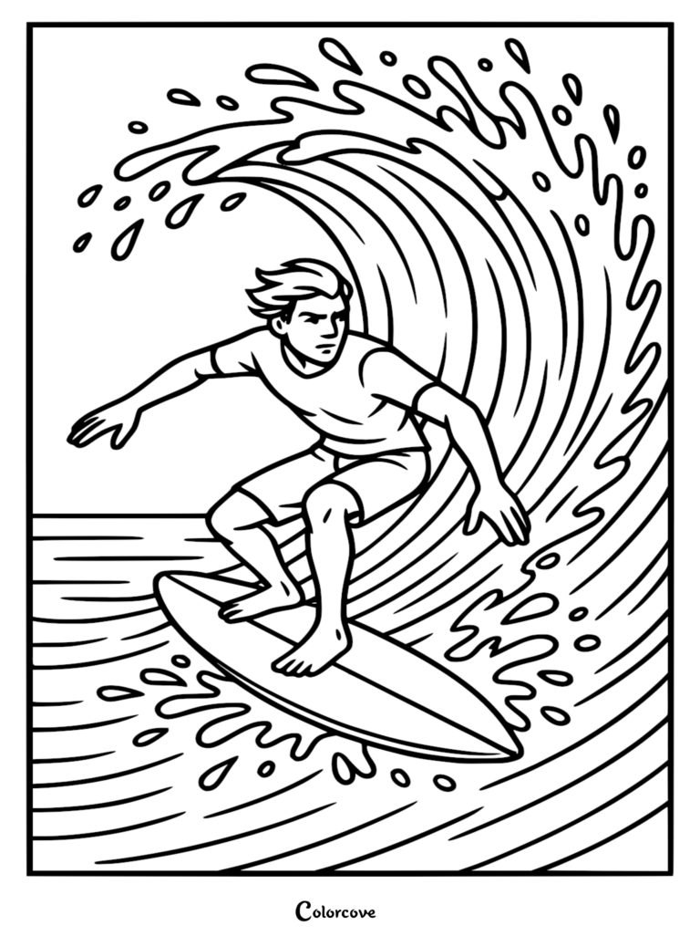 A young man surfing on a surfboard inside a large curling ocean wave, black and white line art coloring page.