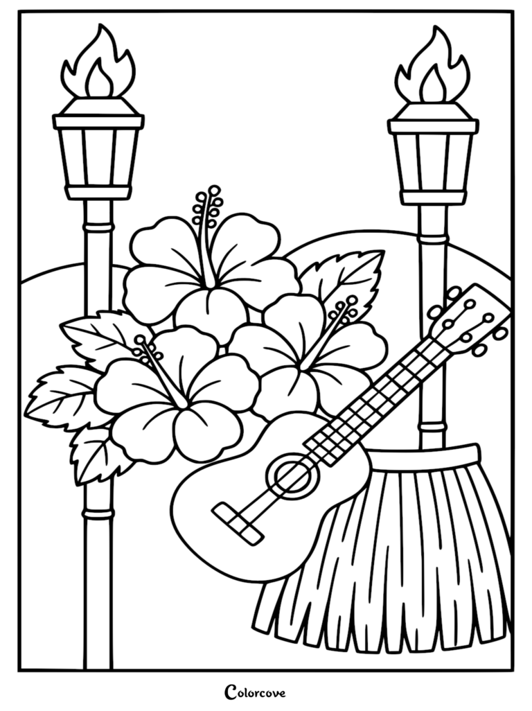 A tropical summer coloring page featuring a ukulele, a grass hula skirt, hibiscus flowers, and two lit tiki torches.