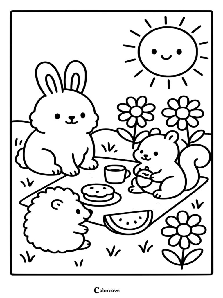 A cute bunny, squirrel, and hedgehog having a summer picnic with watermelon and cookies, coloring page style.