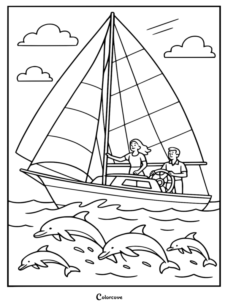 A printable coloring page featuring a man and woman sailing a boat on the ocean with four dolphins jumping in the water.