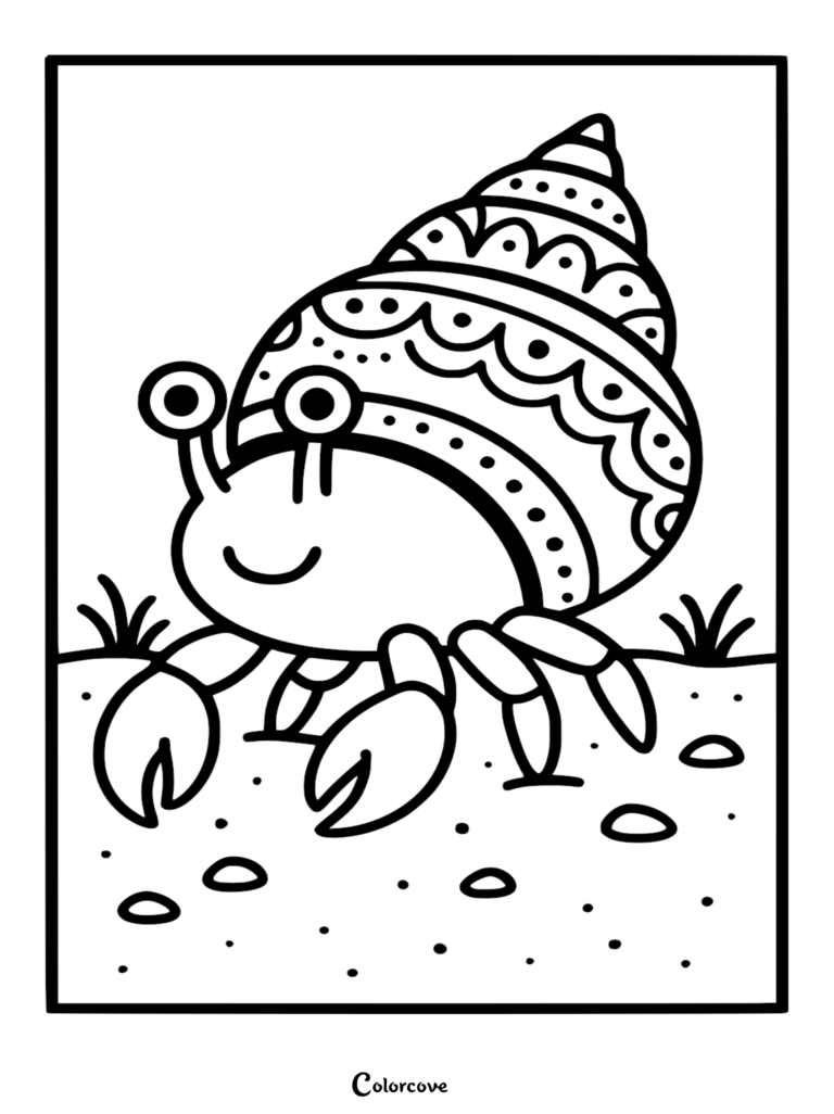A simple coloring page featuring a smiling hermit crab with a patterned spiral shell walking on a sandy beach.
