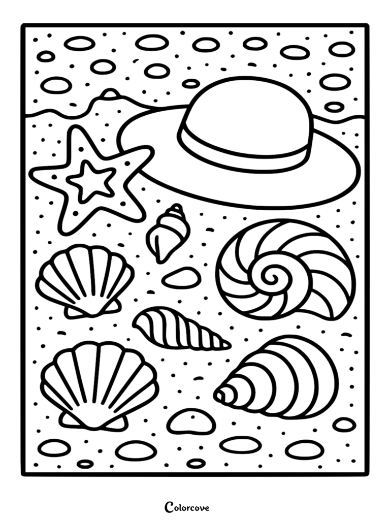 A summer coloring page featuring a sun hat, a starfish, and various seashells scattered on a sandy beach.
