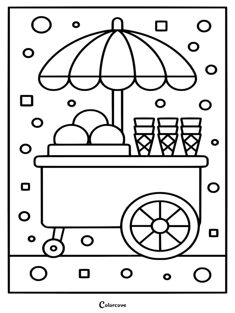 A simple line art coloring page featuring a mobile ice cream cart with a striped umbrella, three scoops of ice cream, and empty waffle cones, surrounded by floating circles and squares.