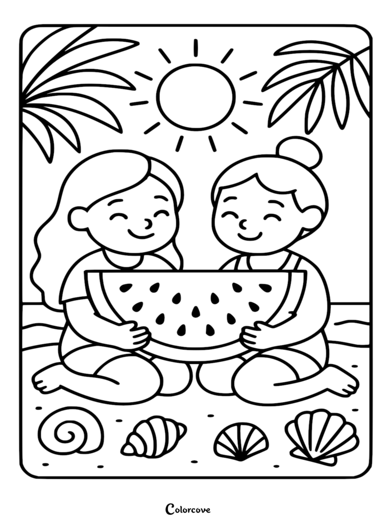 Two happy girls sitting on the sand under a bright sun and palm trees sharing a large slice of watermelon, a beach coloring page with seashells in the foreground.