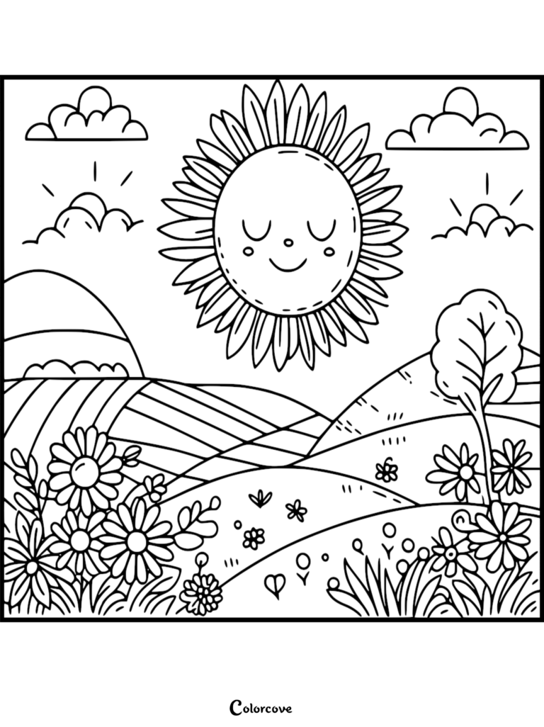 A cheerful smiling sun with closed eyes shines over a rolling meadow filled with daisies and a single tree in this summer coloring page.