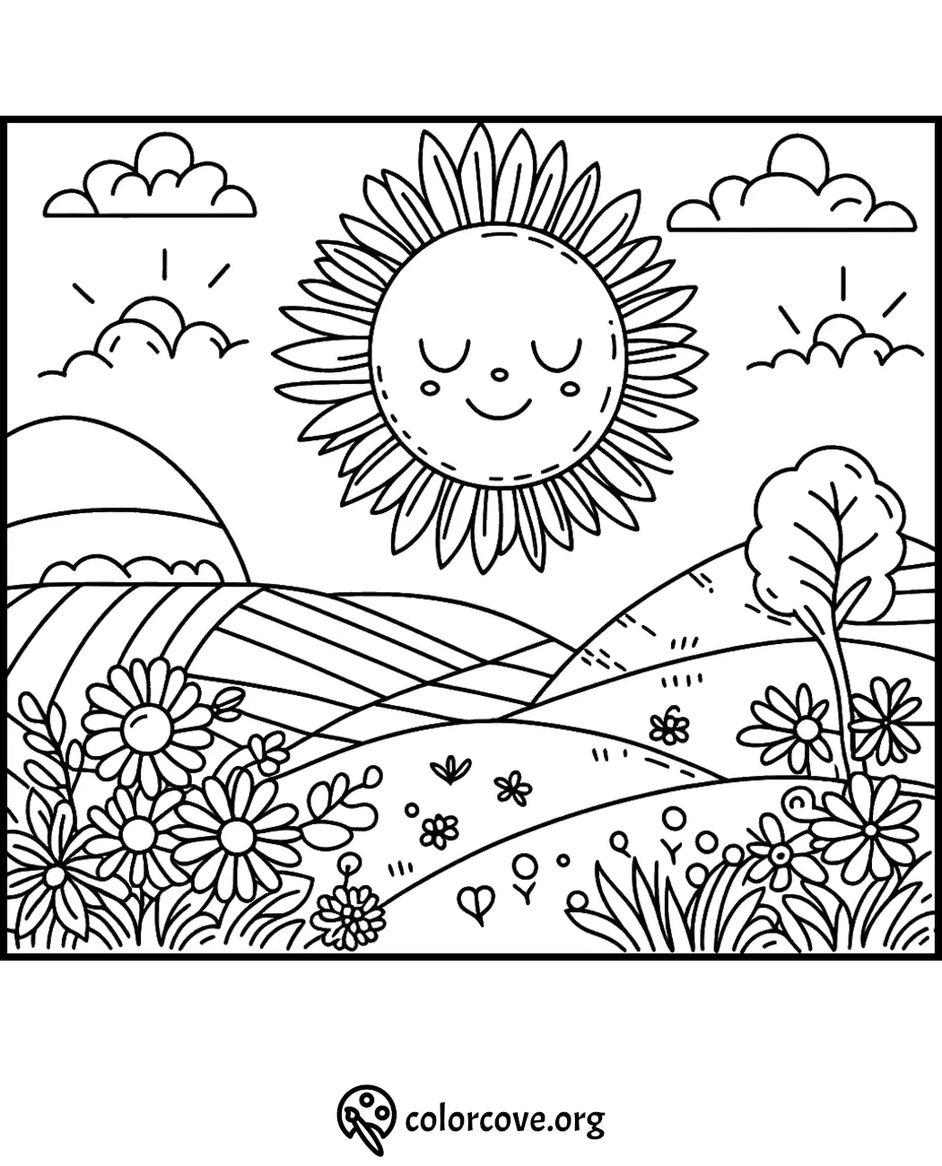 Happy sun shining over a scenic landscape with flowers and hills in this peaceful coloring page from colorcove.org.