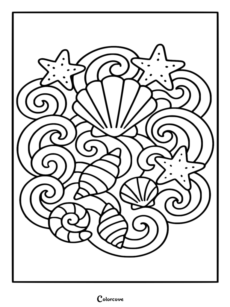 A printable coloring page featuring a central fan-shaped seashell surrounded by three starfish, spiral shells, and swirling ocean waves.