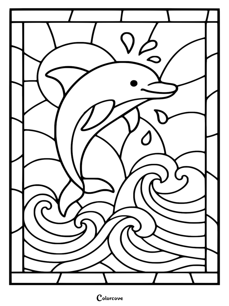 Stained glass style coloring page featuring a happy dolphin leaping out of swirling ocean waves with a sunburst background.