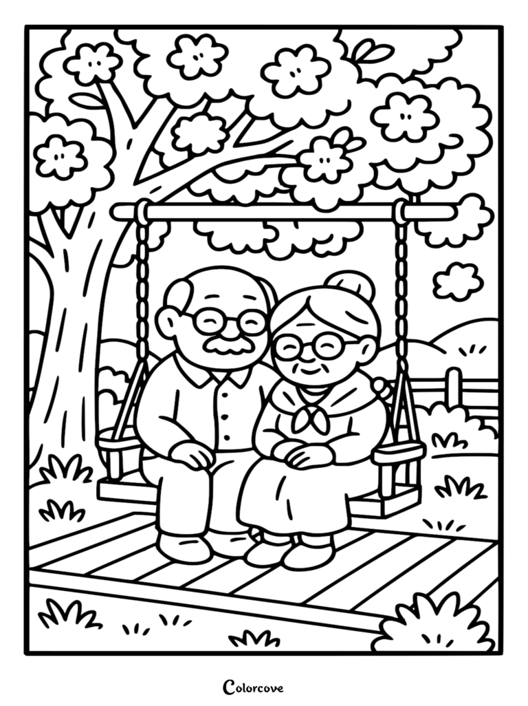 An elderly couple sitting together on a wooden porch swing under a large tree, printable coloring page for kids.