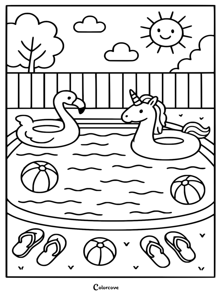 A summer coloring page featuring a flamingo and unicorn pool float in a backyard swimming pool with beach balls and flip-flops.