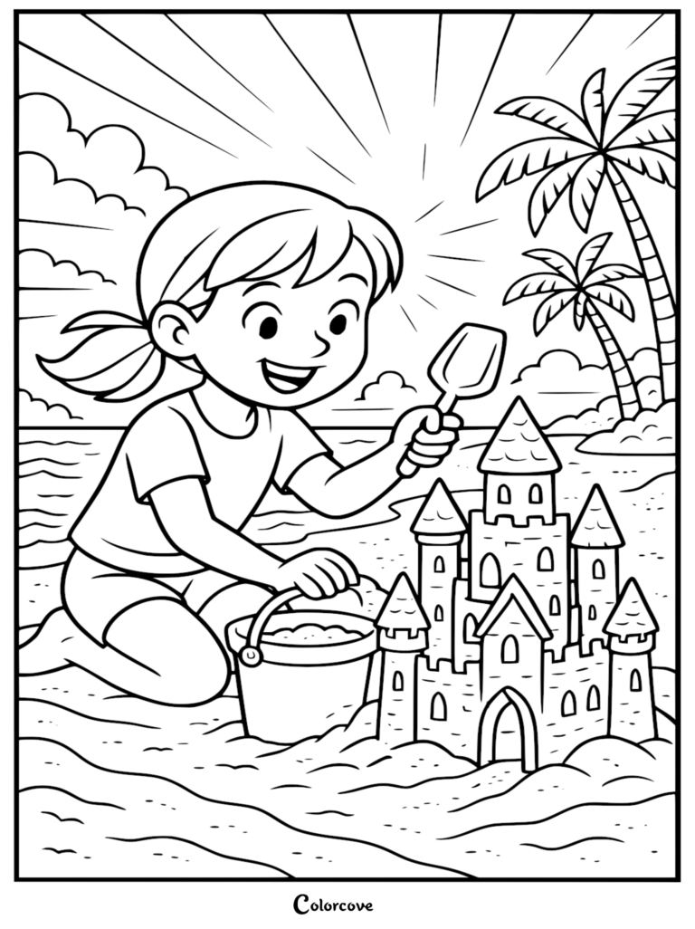 A young girl with a ponytail holding a shovel and bucket while building a detailed sandcastle on a tropical beach, printable coloring page.