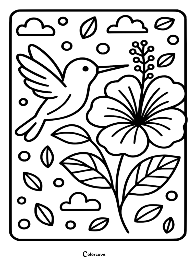 A simple line art coloring page featuring a hummingbird hovering near a large hibiscus flower surrounded by floating leaves and clouds.