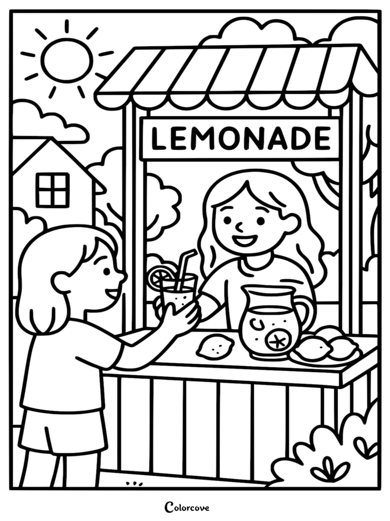 A girl buying a glass of lemonade from a stand at a summer lemonade coloring page.