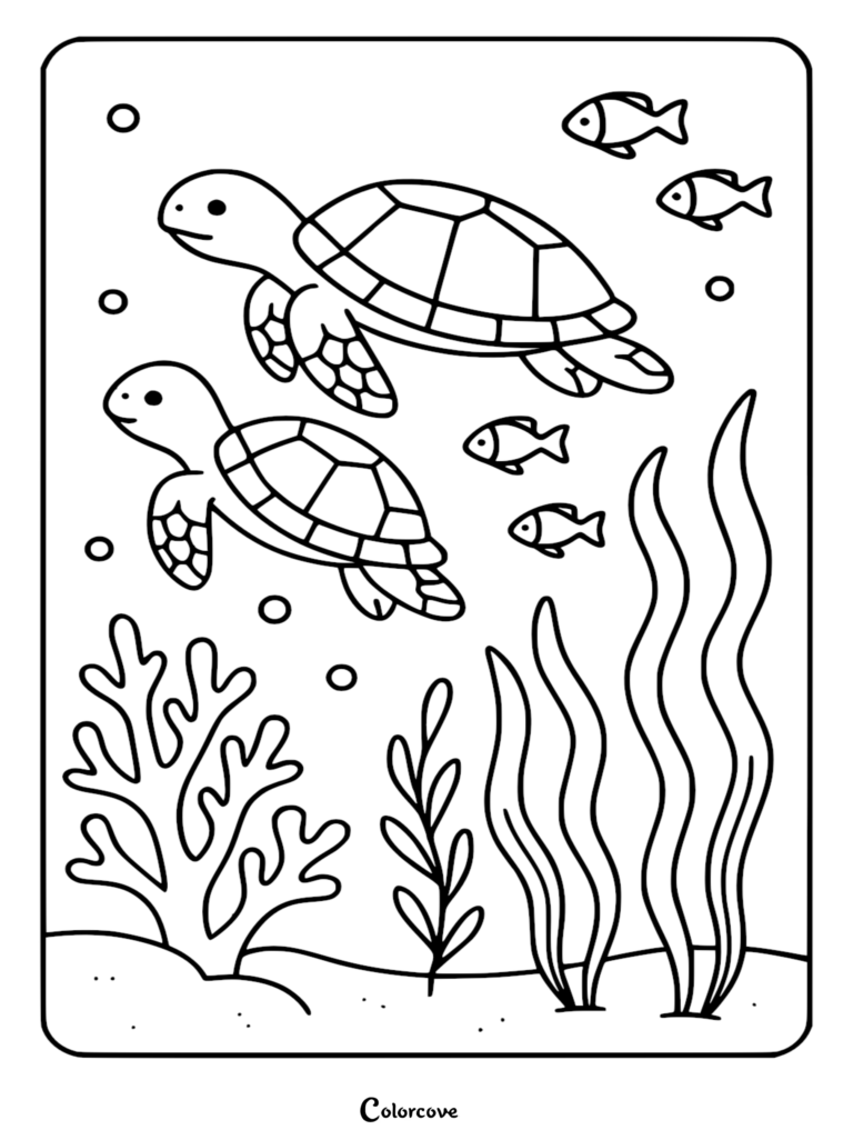 Two sea turtles swimming past coral and seaweed in an underwater scene, a printable coloring page for kids.