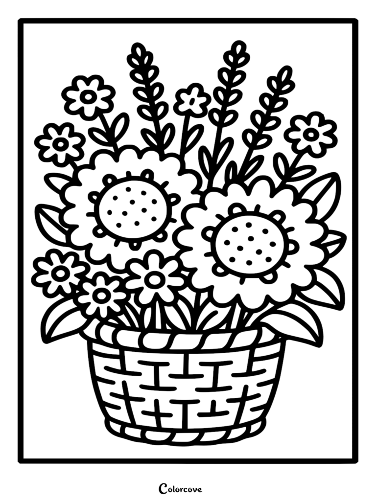A simple coloring page featuring a woven basket filled with two large sunflowers and various small wildflowers and stems.