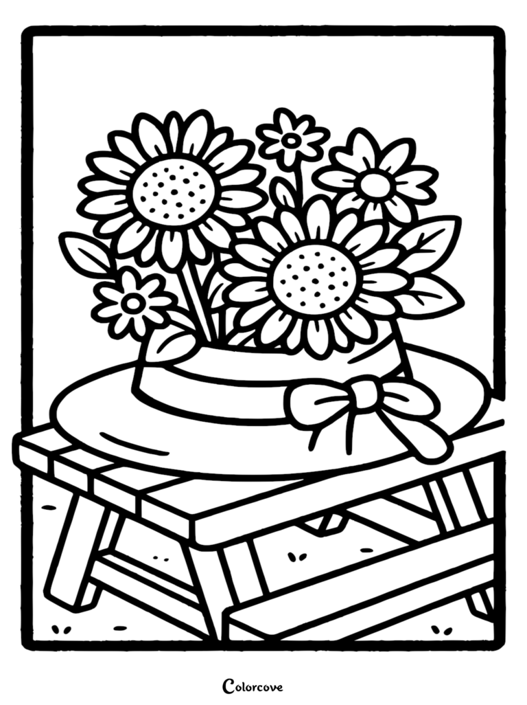 A coloring page featuring a straw sun hat filled with a bouquet of sunflowers and daisies resting on a wooden garden bench.