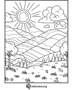 Coloring page of a sunny landscape with rolling hills, trees, and clouds. Perfect for kids and adults to color.