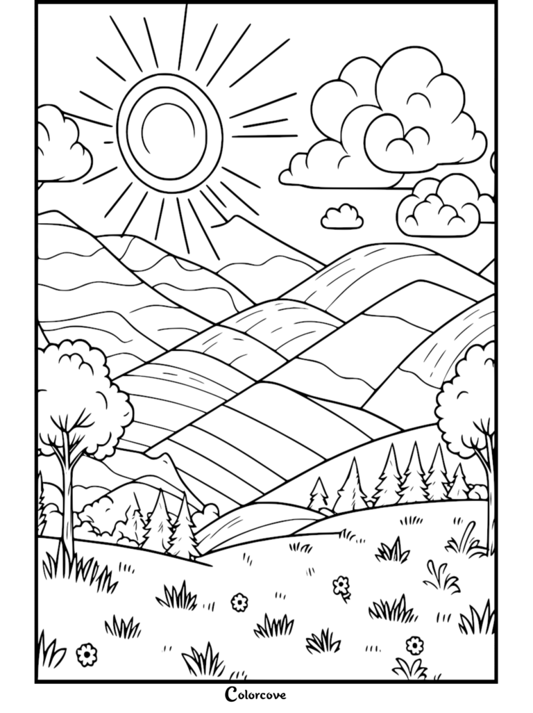 A summer mountain landscape coloring page featuring a bright sun, fluffy clouds, rolling hills, and a grassy meadow with wildflowers.