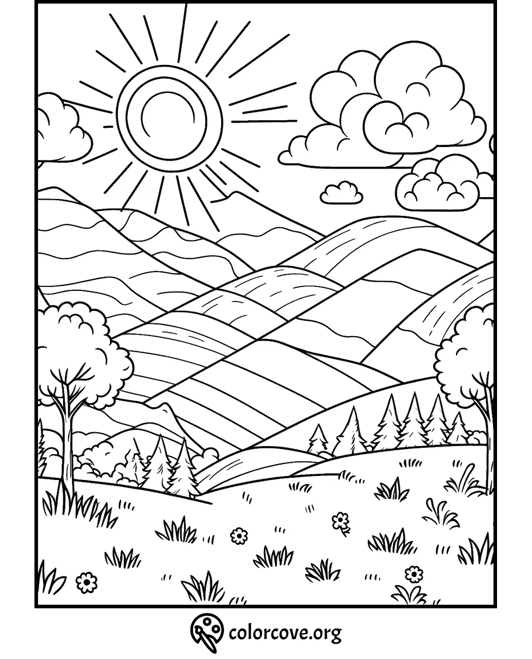 Coloring page of a sunny landscape with rolling hills, trees, and clouds. Perfect for kids and adults to color.