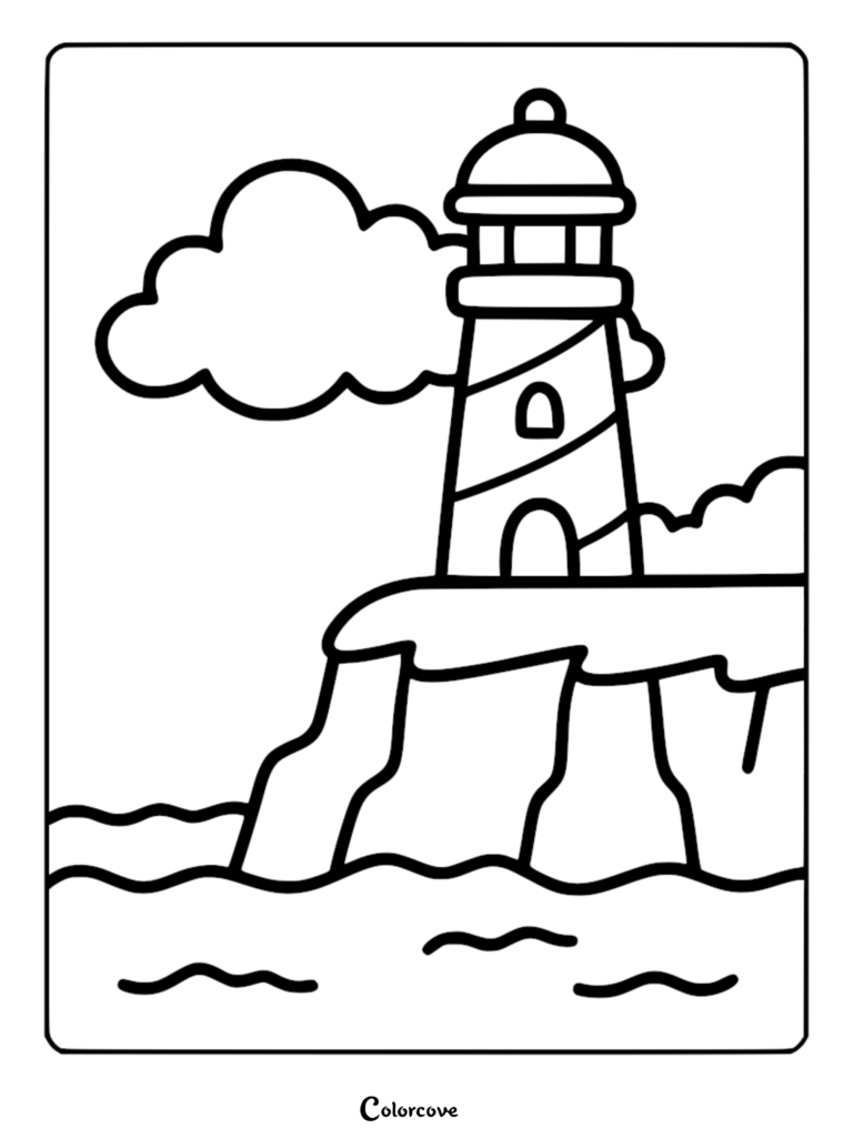 A simple coloring page featuring a lighthouse on a cliff overlooking the ocean with a single cloud in the sky.