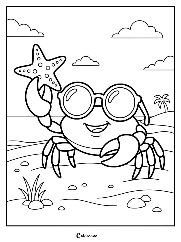 A happy crab wearing round sunglasses holding a dotted starfish on a sandy beach, summer coloring page.