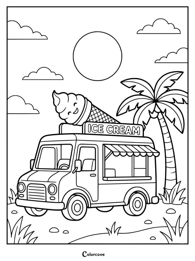 A summer ice cream truck coloring page featuring a smiling soft serve cone on the roof, parked under a palm tree with a bright sun in the sky.
