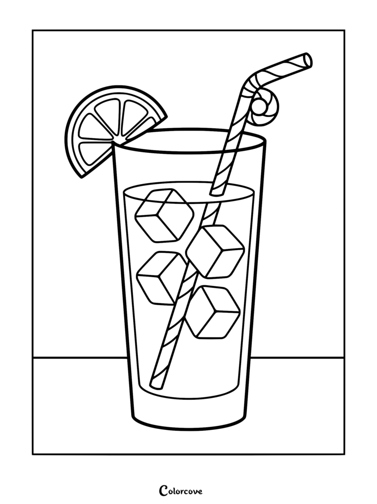 A printable coloring page featuring a tall glass of lemonade with ice cubes, a striped straw, and a lemon slice garnish.
