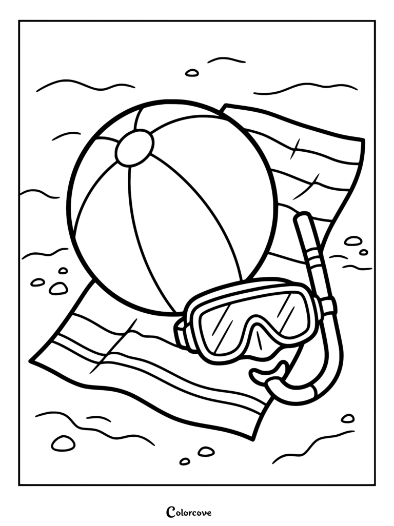 A beach ball, snorkel mask, and striped towel on the sand in this summer coloring page.
