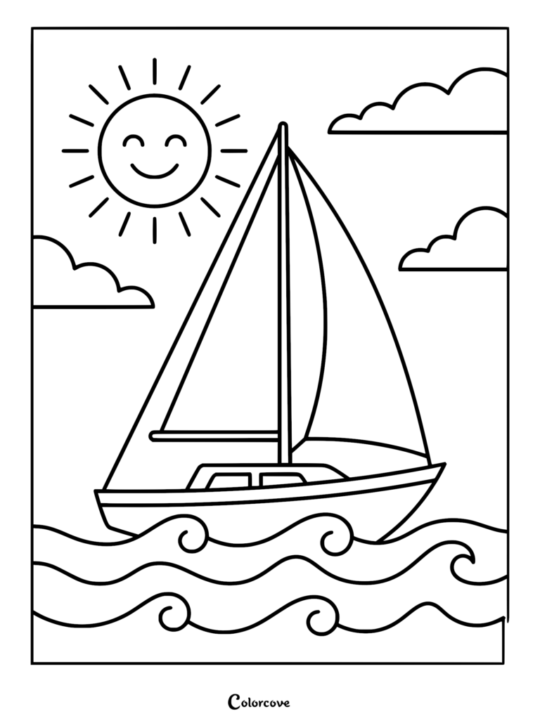 A simple sailboat coloring page featuring a smiling sun, fluffy clouds, and wavy ocean water.
