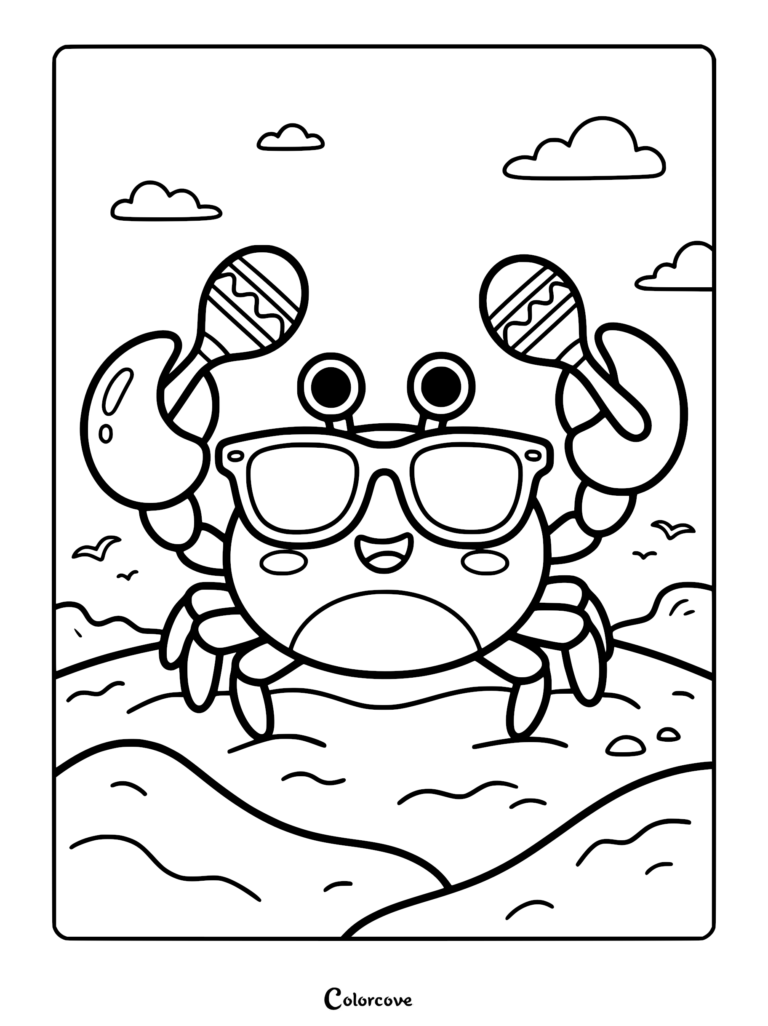 A cute cartoon crab wearing sunglasses and holding maracas on a sandy beach, printable coloring page.