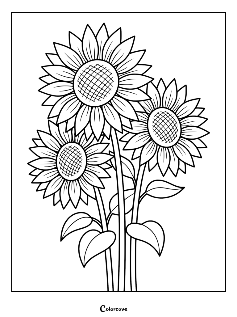 A printable coloring page featuring a bouquet of three large sunflowers with detailed petals and cross-hatched centers.