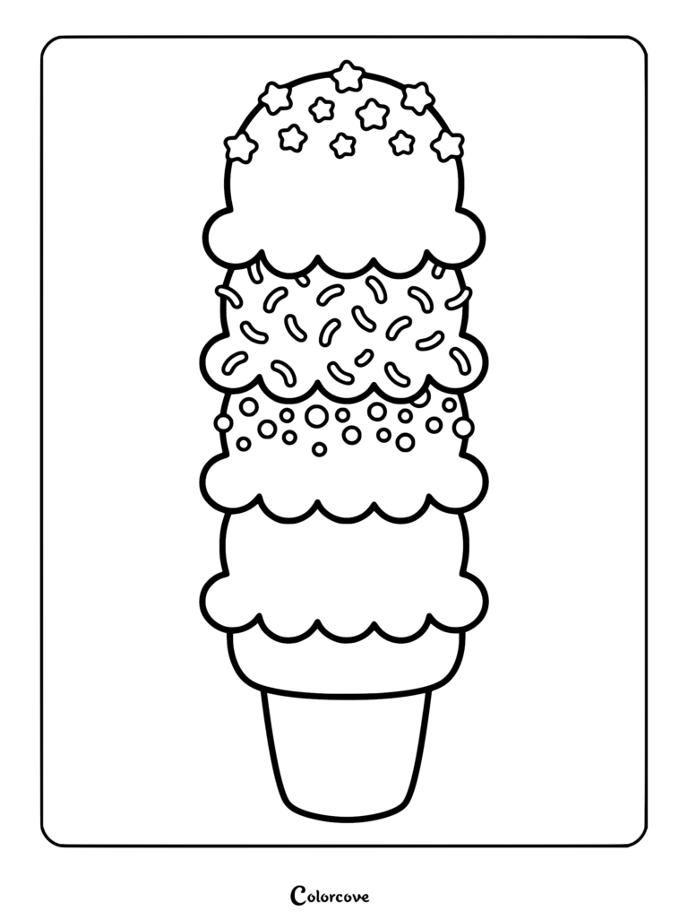 A triple scoop ice cream cone coloring page featuring star sprinkles, curved sprinkles, and round dots on each scoop.