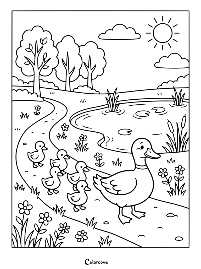 Mother duck leading five baby ducklings along a sunny pond path in this printable summer coloring page.