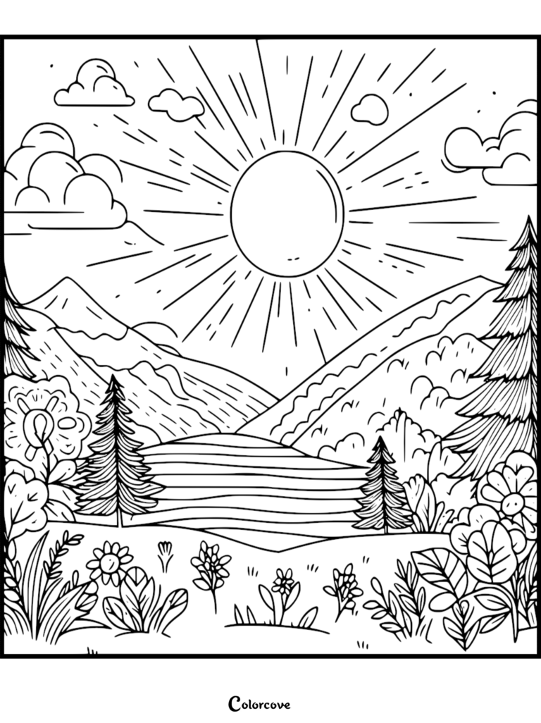 A summer mountain landscape coloring page featuring a bright sun, rolling hills, pine trees, and a field of wildflowers.