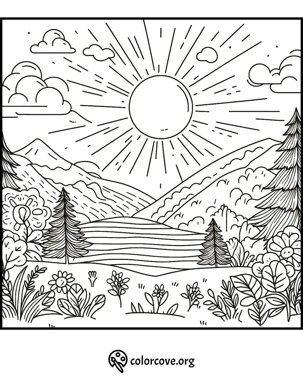 Coloring page featuring a sunny landscape with mountains, trees, flowers, and clouds, perfect for kids and adults to color.