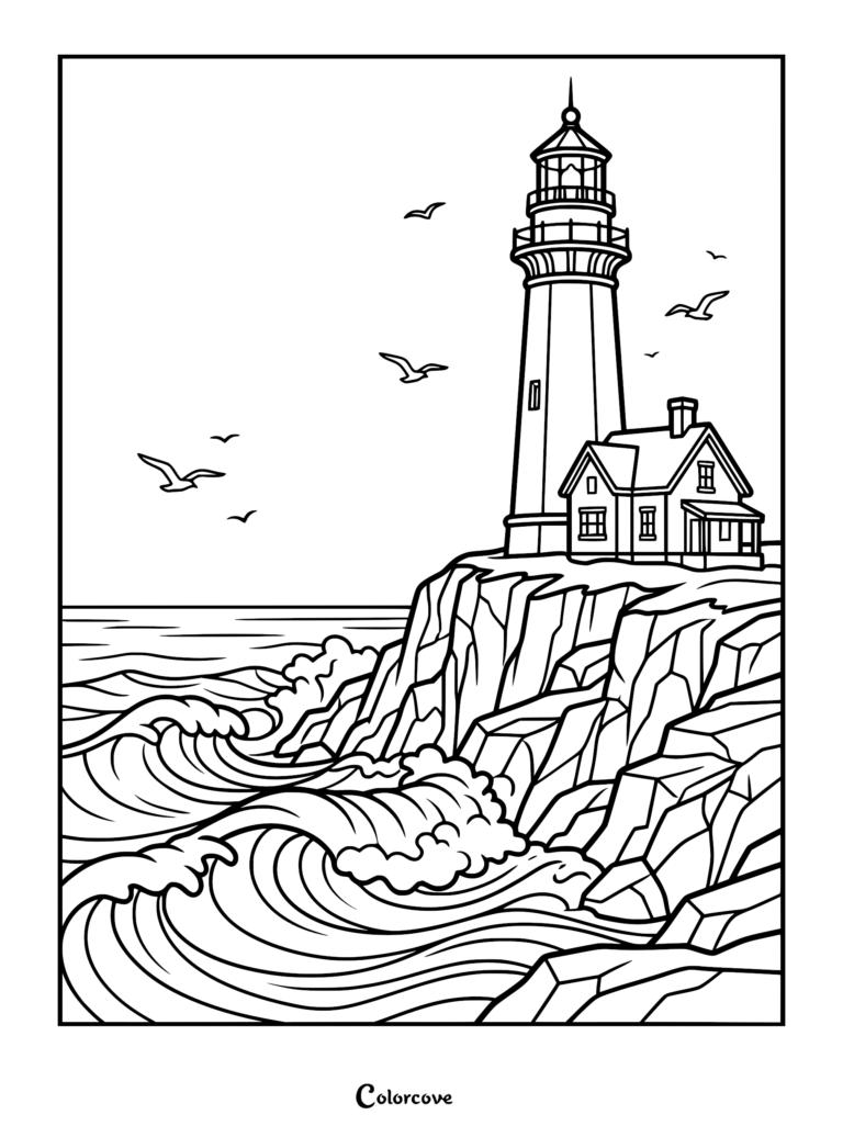 A detailed coloring page featuring a tall lighthouse and keeper's cottage perched on a rocky cliff overlooking crashing ocean waves with seagulls flying in the sky.