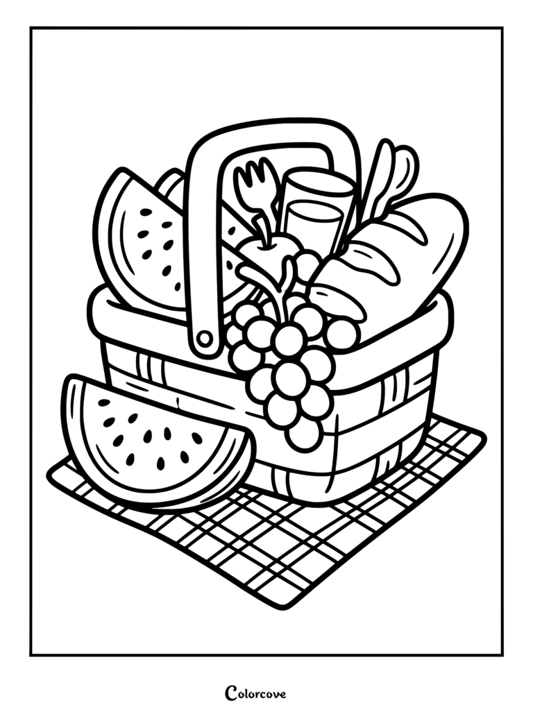 A summer picnic basket coloring page featuring a woven basket filled with watermelon slices, grapes, a loaf of bread, and a drink on a checkered blanket.