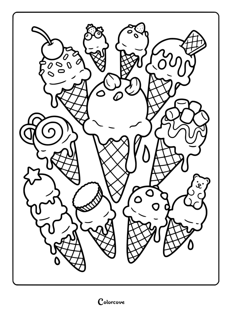 A collection of various ice cream cones with toppings like cherries, marshmallows, and gummy bears in this printable coloring page.