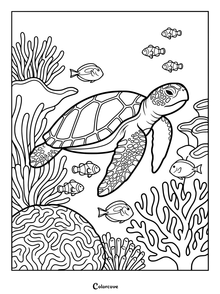 A detailed sea turtle swimming through a vibrant coral reef surrounded by small clownfish and tangs in this printable summer coloring page.