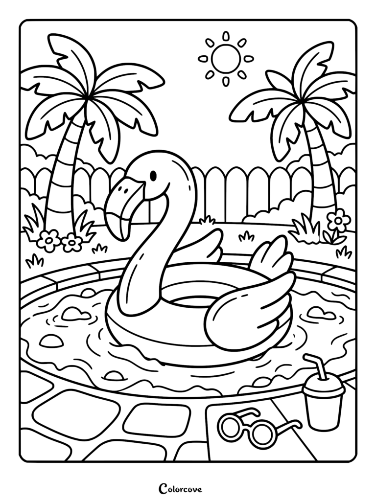 A flamingo shaped pool float floating in a backyard swimming pool, with palm trees, sunglasses, and a drink nearby in this summer coloring page.