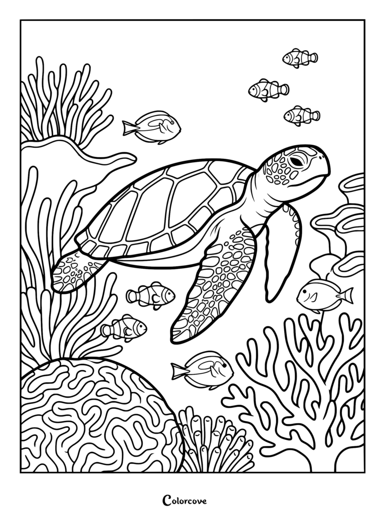 A detailed sea turtle swimming through a coral reef with clownfish and tang fish in this printable coloring page.