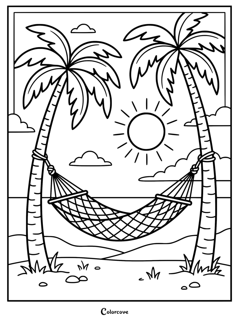 A relaxing summer coloring page featuring an empty woven hammock tied between two tropical palm trees on a sandy beach with a bright sun and clouds in the background.