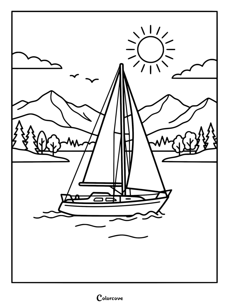 A printable coloring page featuring a sailboat gliding across a calm lake with mountains, pine trees, and a bright sun in the background.