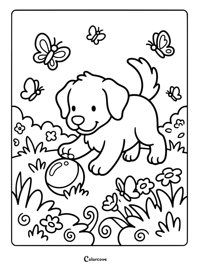 A cute puppy playing with a ball in a flower garden surrounded by butterflies in this summer coloring page.